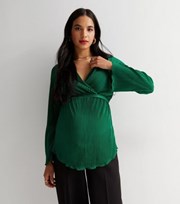 New Look Maternity Dark Green Plisse Long Sleeve Wrap Top
